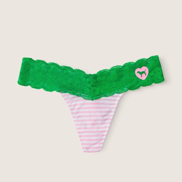 Victoria’s Secret PINK Lace Trim Thong Panty Cupid Pink Stripe Green Medium NEW - Picture 3 of 5